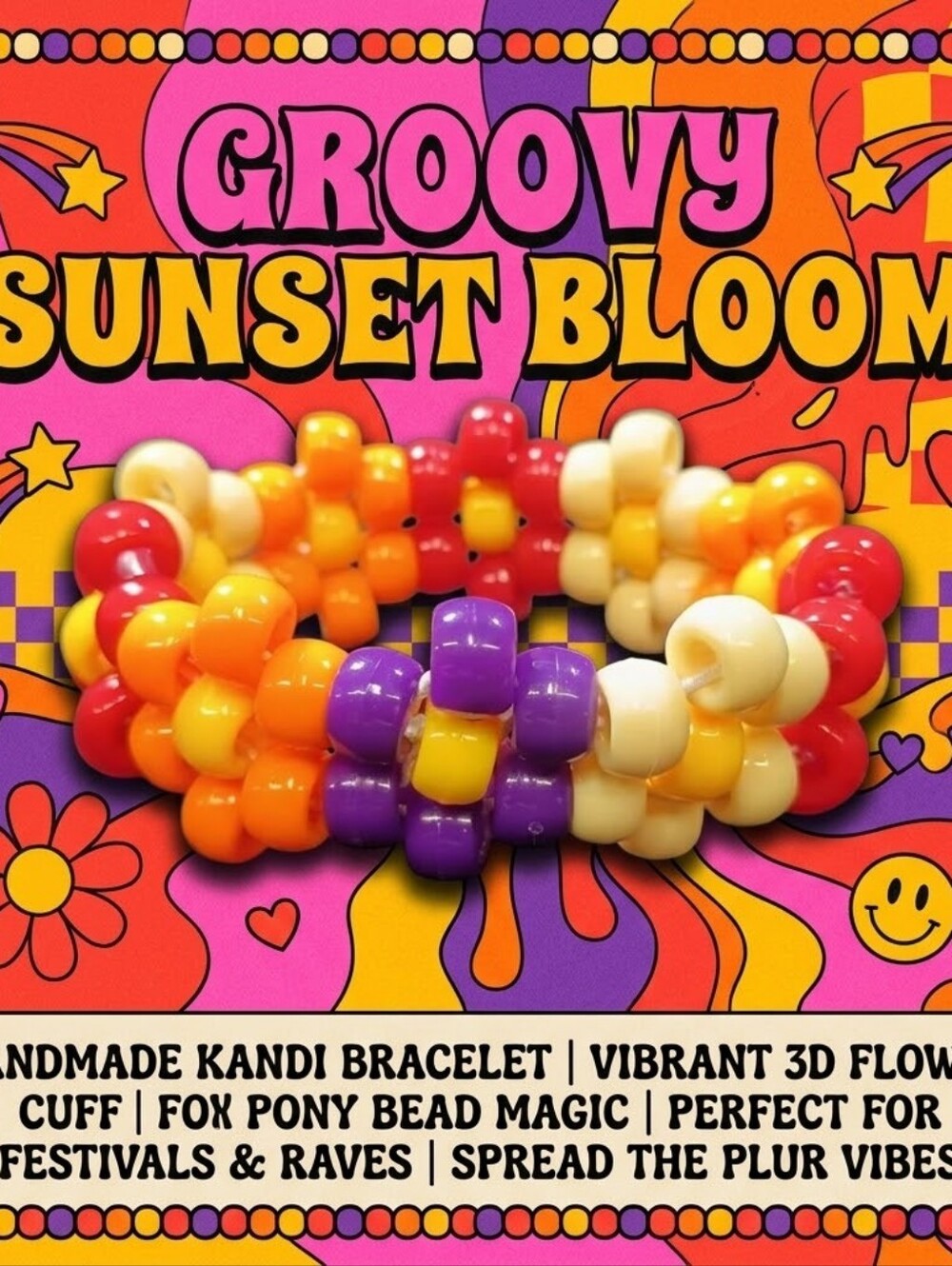 Groovy Sunset Bloom - Flower - Kandi Bracelet - EDM Rave Festival Jewelry